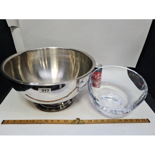 317 - Large Stainless mixing bowl and a large heavy plastic cooking bowl with low front.