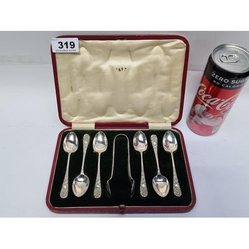 319 - Sterling Silver 7 piece set with teaspoons and sugar tongs in a fitted case very nice set