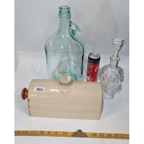 565 - Three items inc stoneware hot water bottle large hand blown bottle  with handle and a decanter