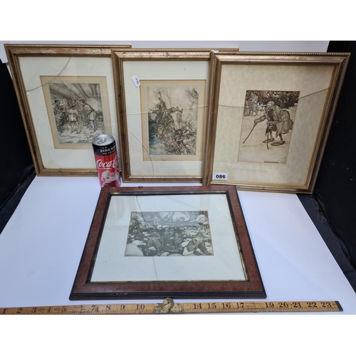 86 - 4 antique Arthur Rackman prints Damage to glass but great images.