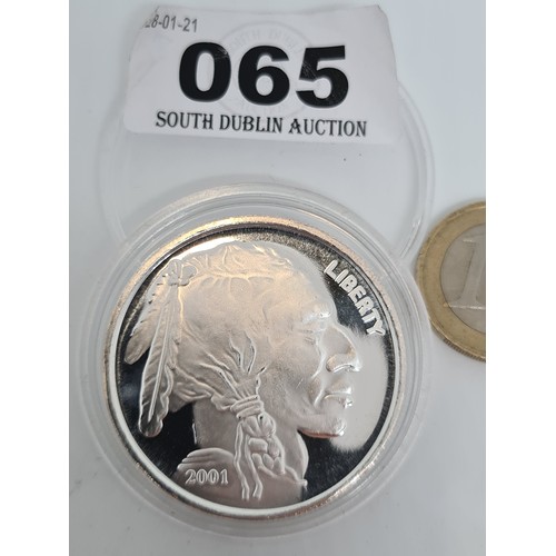 65 - Buffalo Sterling Silver Coin 2001 American Indian Chief on one side and Buffalo on the reverse. .999... 