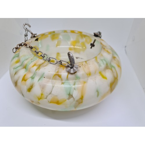 186 - Super Art Deco colored glass ceiling light with original chains in very good order.