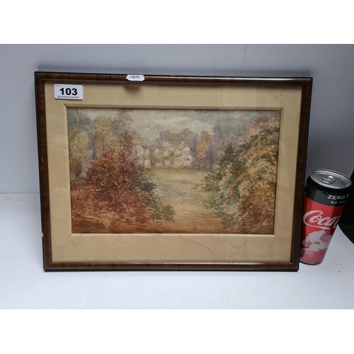 103 - Watercolor of a country house. Lots of age Bregazzi & Son Dublin framers label on the back.