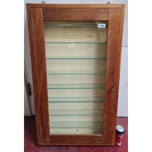 110 - Super collectors cabinet with glass shelves, Glass front with lock and key 91cm tall, 53 cm wide.