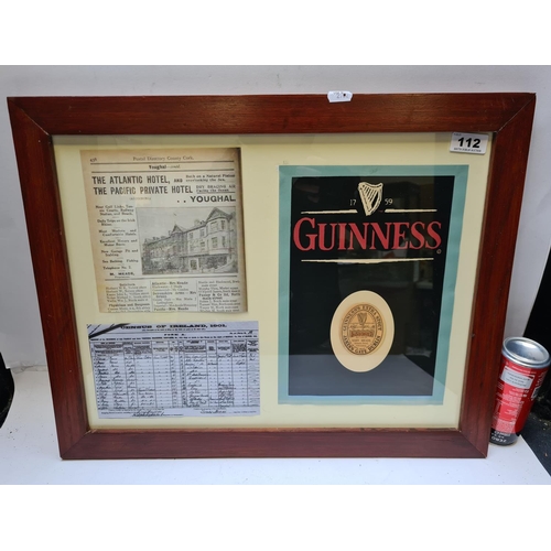 112 - Guinness framed label, Inc a Census of Ireland 1901 document and an article regarding the The Atlant... 