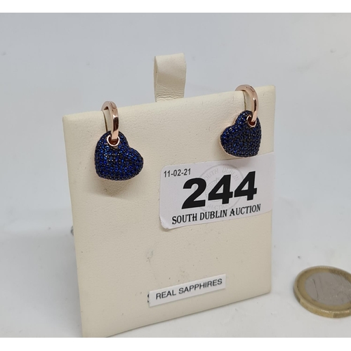 244 - 9ct gold on silver sapphire heart ear rings