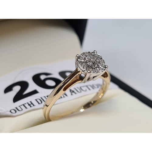 266 - 9ct gold diamond cluster ring size L