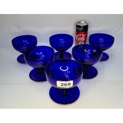 269 - Set of 6 antique Bristol Blue stem hand blown glasses. Would make great glasses for Desserts etc. In... 