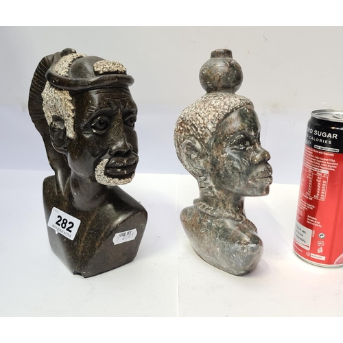 282 - Two Super quality marble African busts.  Signed, info. Very heavy.