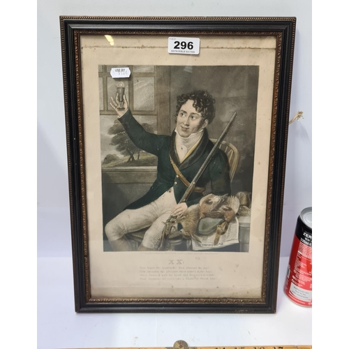 296 - 19th century print of a young gent having a drink after shooting birds and rabbits.