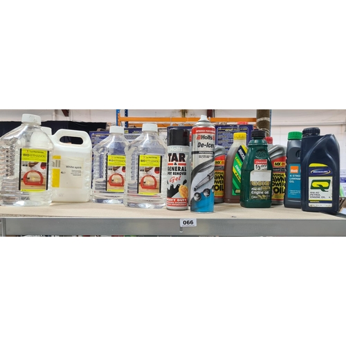 66 - Full Shelf of oils, cleaners and 5 liter bottles of Bio Ethenol, white spirit etc. Some new and some... 