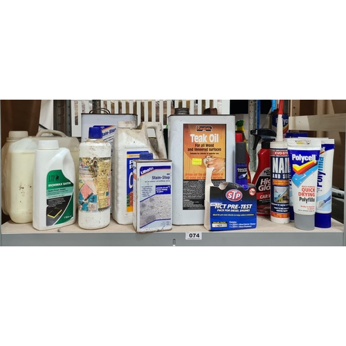 74 - Full Shelf of mixed products inc 5 litre of Teak oil. Some new and some slight use.