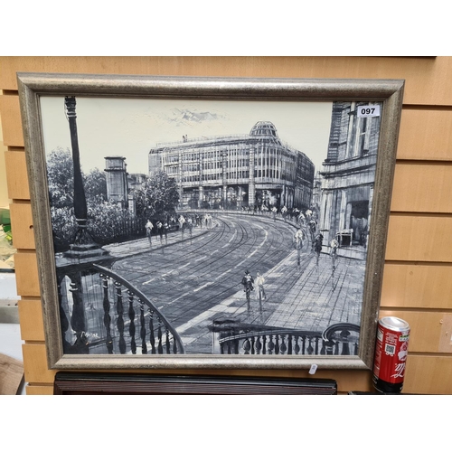 97 - Large monochrome Painting of Stephen's Green by P Hogan