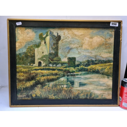 98 - Original oil on board of Castle by a river scene. By P.J Murphy. Lots of age