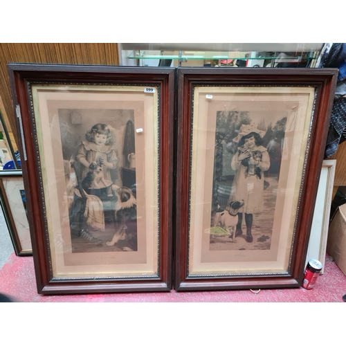 99 - Pair of very large Victorian prints of Young ladies with dogs in good order with lovely large Mahoga... 