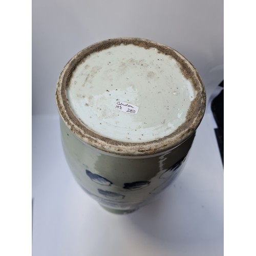 295 - Tall Antique Chinese Caledon vase circa 1780-1820 small chip on top. Heavy super vase.