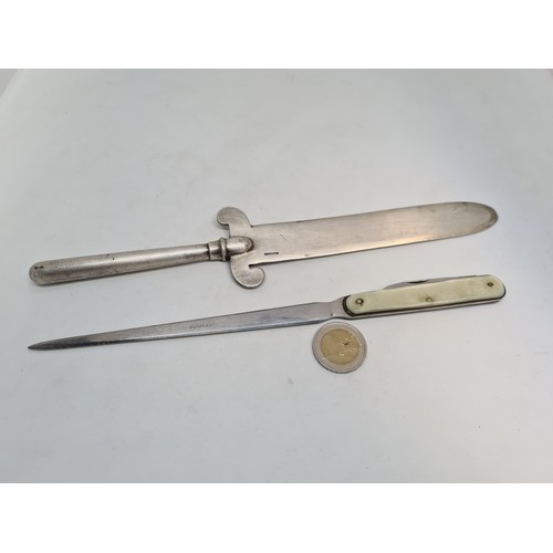303 - Two interesting letter openers the Skinny one. folds out for a penknife as well London made and the ... 