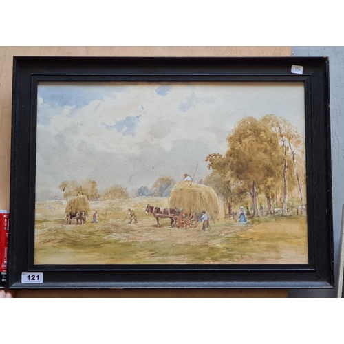 121 - Watercolour of tranquil, bucolic hay-cutting scene. Measuring: 62cm x 45cm.