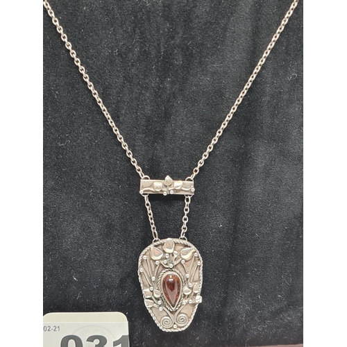 31 - Super 1890s Arts and crafts, sterling silver pendant and matching chain with an amber centre. Beauti... 