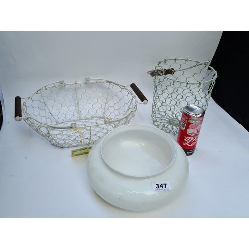 347 - A milk white shade with 2 metal wire baskets