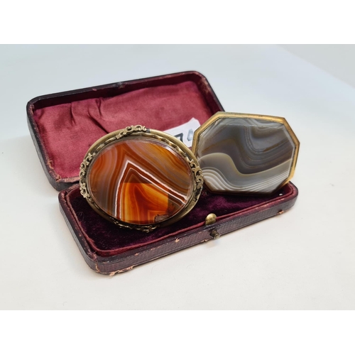 374 - Two antique Agate large brooches. In a red leather box ``