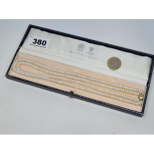 380 - Lovely set of Beautiful cultured pearls with a 9ct gold clasp. In a Mappin and Webb box.