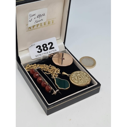 382 - Interesting box of jewellery inc silver and 9ct gold jewellery.