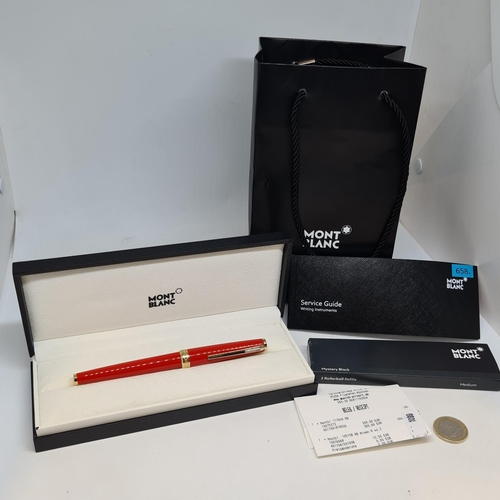 385 - Mont Blanc Red executive pen with original box and bag and receipt, paperwork and additional refill ... 