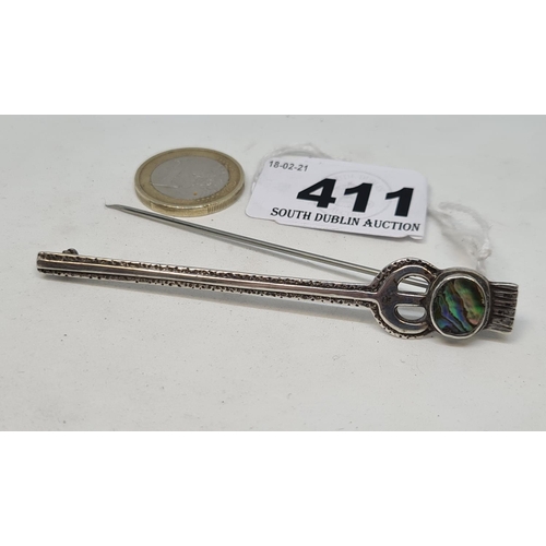 411 - Long sterling silver kilt pin with abalone stone.