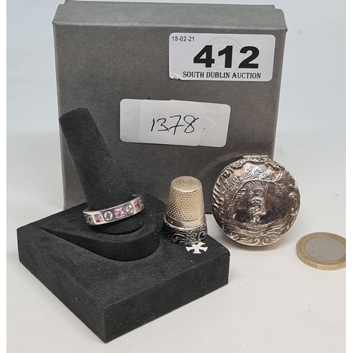 412 - Three Sterling silver items inc a sterling silver snuff box of a child on a swing sterling silver ri... 