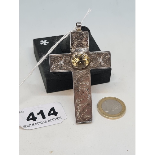 414 - Antique large sterling silver cross with a large citrine stone.