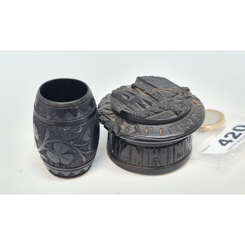 420 - Two Killarney ware carved pieces inc a barrel and box with carved castle.