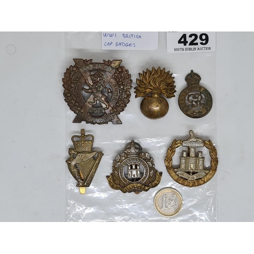 429 - Six WW1 cap badges inc Irish