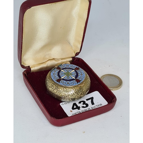 437 - Antique snuff box with chased brass body and blue enamel top