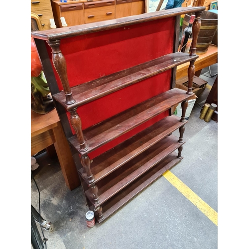 464 - Victorian mahogany Antique wall shelf, with turned supports and a red back board.