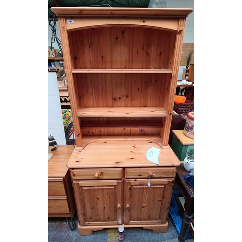 486 - Pine neat size dresser with bookshelf top.