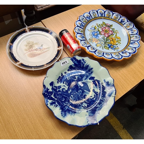 493 - Three large display plates inc a Blue and white plate, Notitake pheasant plate and an Italian plate.