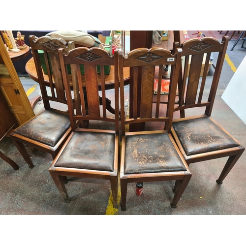 506 - 4 x Dining chairs with nicely turned, high backs feet and leather seat pads.