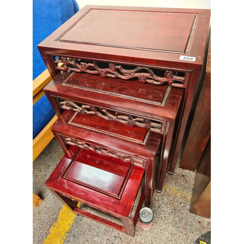 522 - Super nest of 4 Chinese Cherry wood tables, Highly carved in very good question.