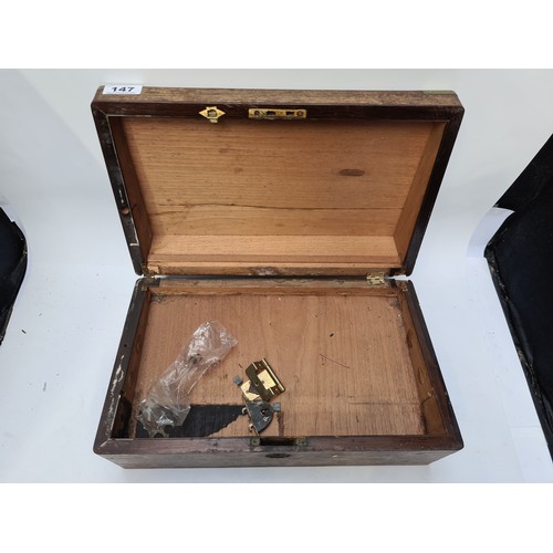 147 - 19th century brass bound writing box. Would look great with a polish.