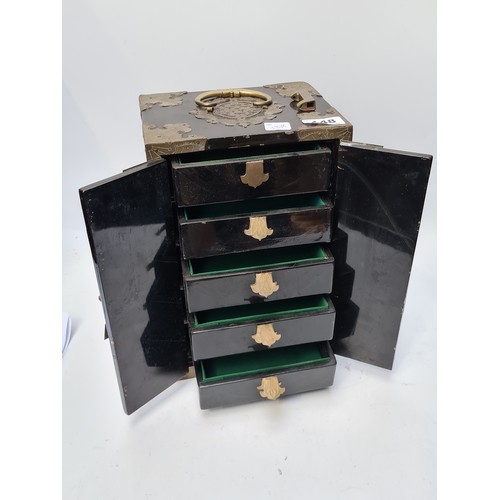 148 - Japanese lacquered vintage brass bound 5 drawer jewelry box with 5 drawers. Super piece.