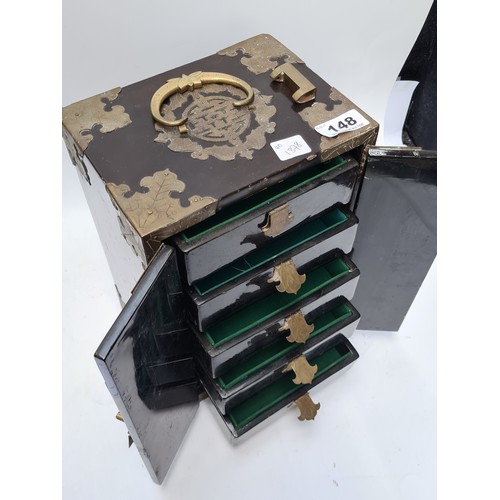 148 - Japanese lacquered vintage brass bound 5 drawer jewelry box with 5 drawers. Super piece.