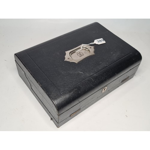 389 - Super Victorian Leather writing box in beautiful condition, with paper blotter, ivory writing implem... 