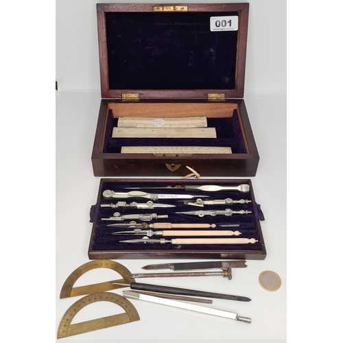 1 - Two tier Victorian drawing set fairly complete with ivory implements and a London makers mark on som... 
