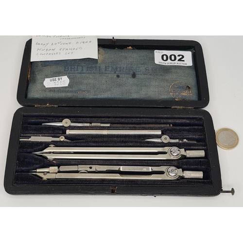 2 - Early 20th century Huson and Co drawing set in a fitted leather case with a button lock.