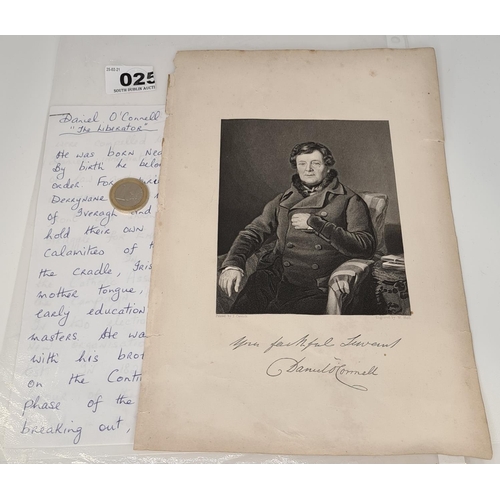 25 - Possibly hand signed piece by Daniel O'Connell (The Liberator) with a modern letter explaining his l... 