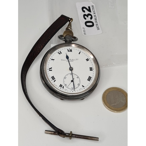 32 - Lovely open faced silver pocket watch by Charles Roby ltd Coventry May need attention.