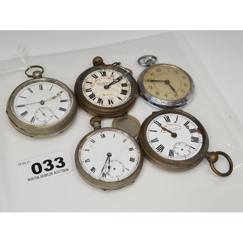33 - 5 pocket watches, some distressed, including large examples.
