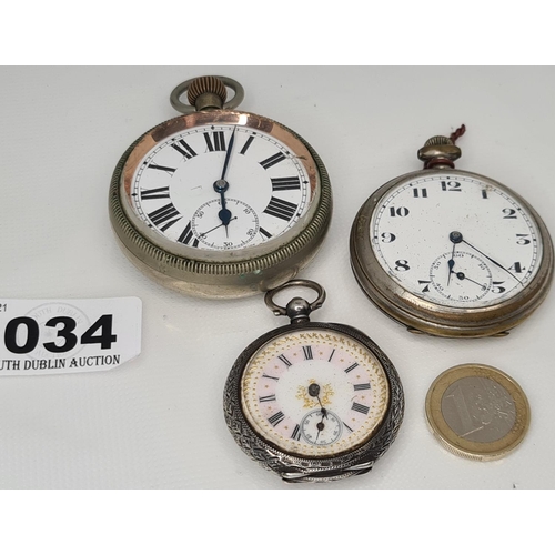34 - 3 pocket watches inc a Silver fob watch and two open face examples.