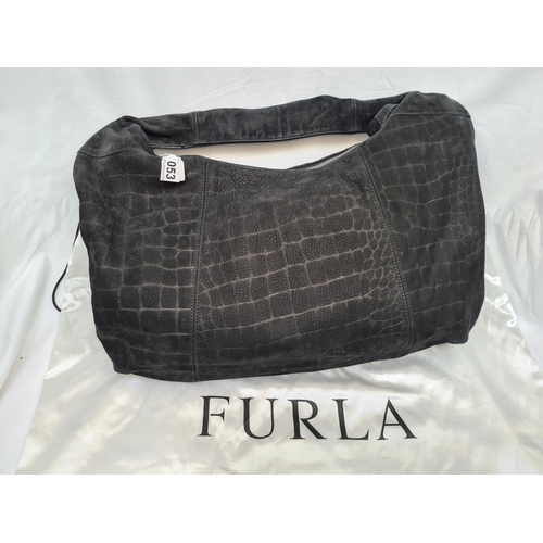 53 - Beautifully soft, genuine Italian leather FURLA  shoulder hobo-bag in mate-black crocodile embossed ... 